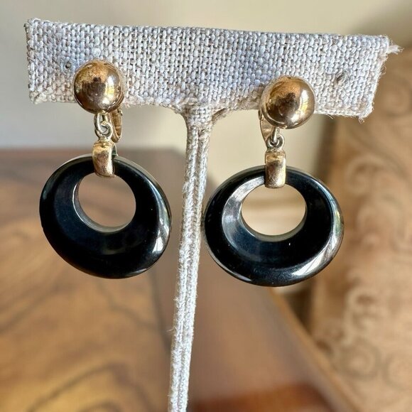 Vintage Bergere Earrings Door Knocker Clip On Gold‎ Black Tone Signed Retro 1.5" - Picture 2 of 5